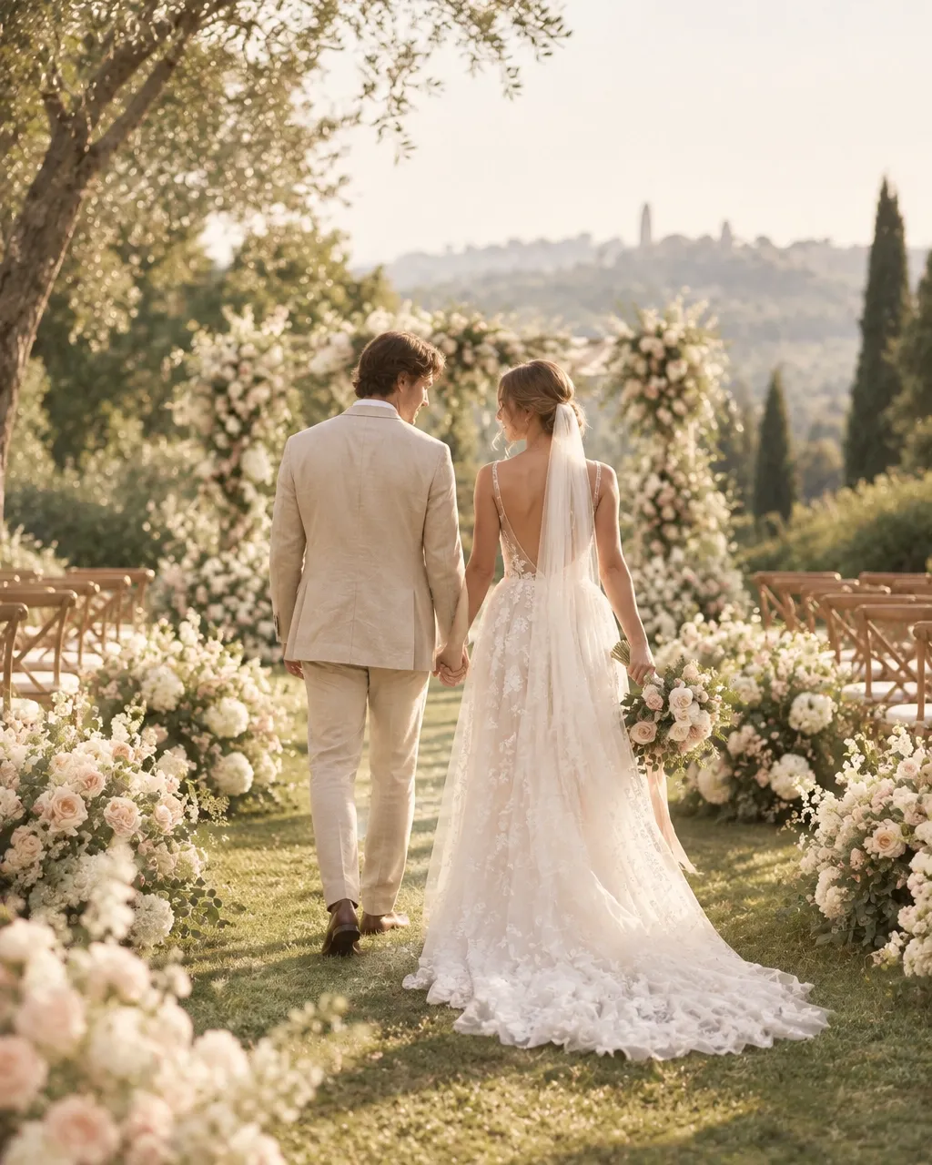 Newlyweds walking together through a garden ceremony aisle