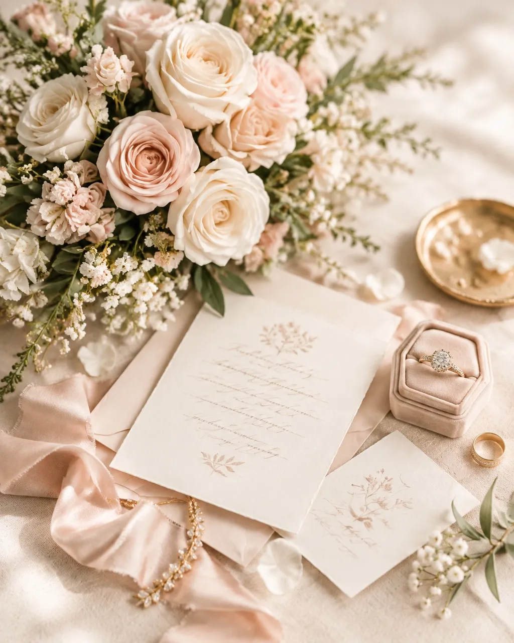 Blush roses, wedding stationery, and a gold ring box